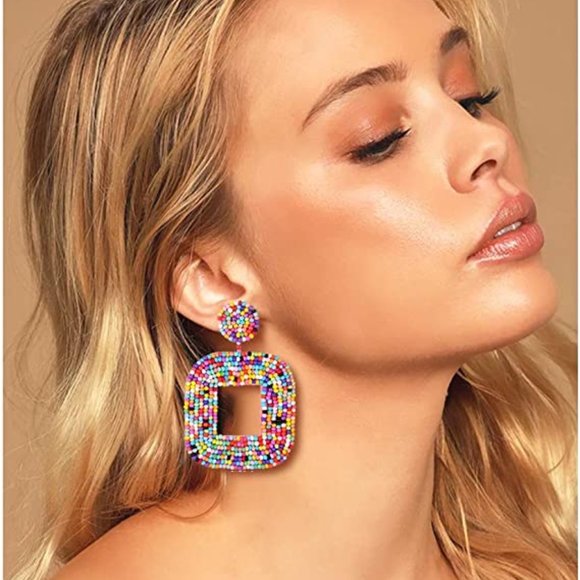 Oversized Multicolored Beads Dangle Post Earrings New Colorful Bohemian - Picture 1 of 6